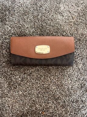 Michael Kors Brown and Dark Brown Logo Continental Wallet with Gold Plate